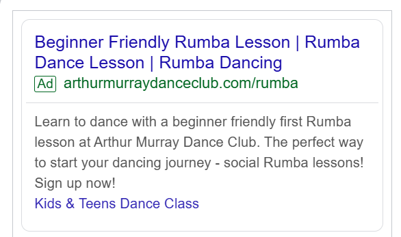 Arthur Murray Dance Club Google search ad